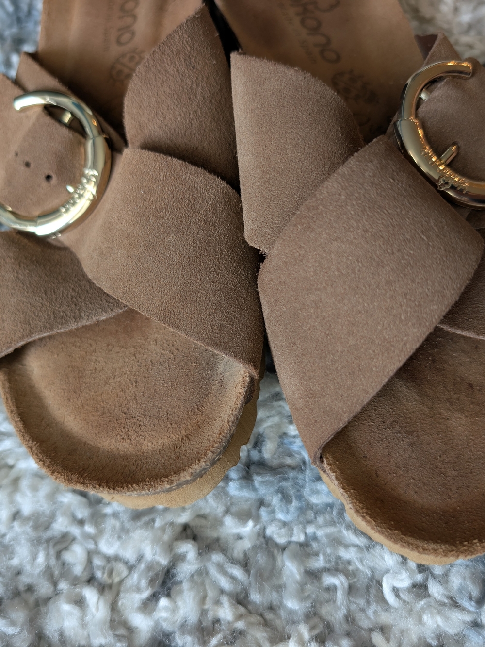 Brown Suede Slide Sandals with Gold Buckle - Picture 7 of 17